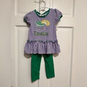 “Caroline” 24M Monogrammed Mardi Gras Outfit Shirt Pants Stripe Beads Green